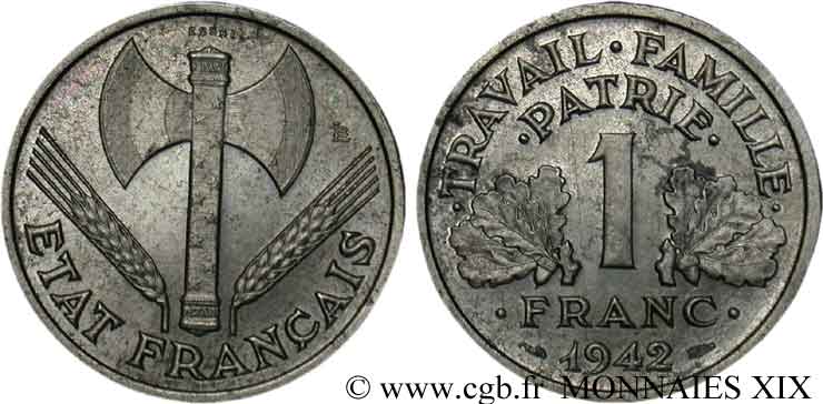 Essai - piéfort aluminium de 1 franc Francisque 1942 Paris F.222/1P SUP 