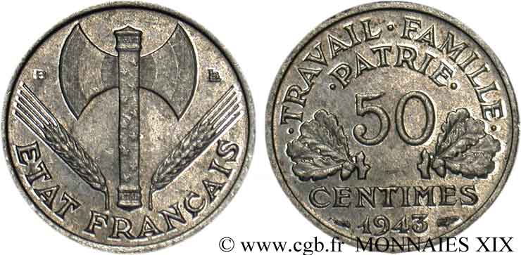 50 centimes Francisque, poids léger 1943 Beaumont-le-Roger F.196/3 SPL 