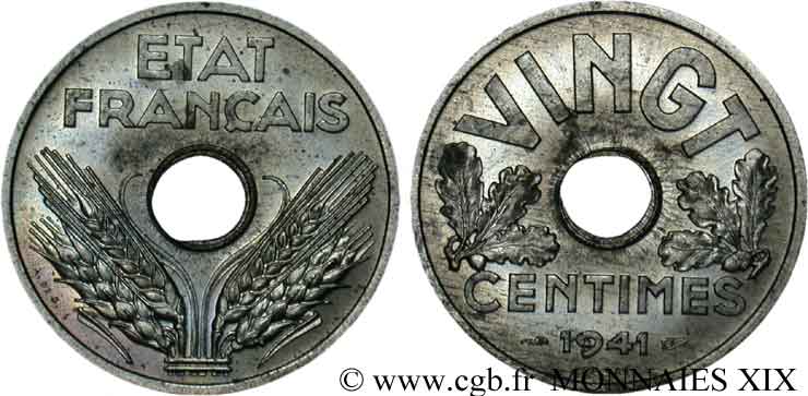 Essai de VINGT centimes État français 1941  F.152/1 fST 