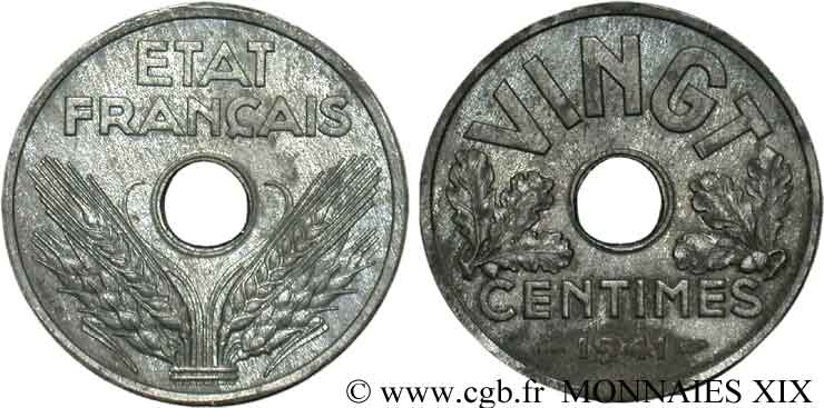 Essai - piéfort de VINGT centimes État français 1941  F.152/1P AU 
