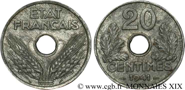 Essai - piéfort de 20 centimes État français 1941 Paris F.153/1P AU 