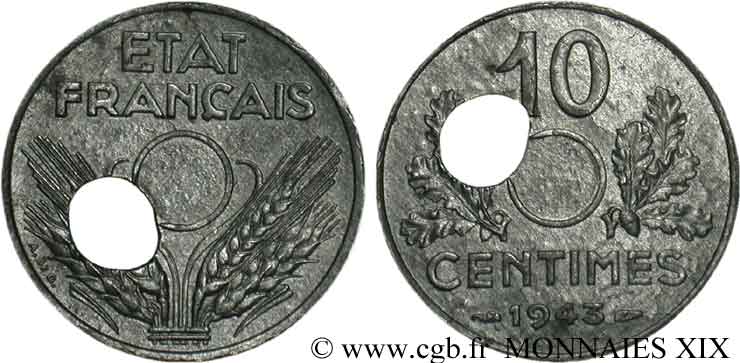 10 centimes, État français, grand module, perforation décentrée 1943 Paris F.141/5 var. AU 
