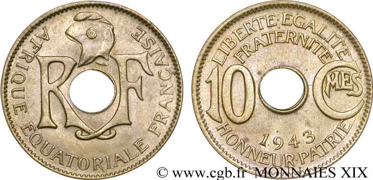 AFRIQUE ÉQUATORIALE FRANÇAISE 10 centimes AEF 1943 Prétoria SUP 