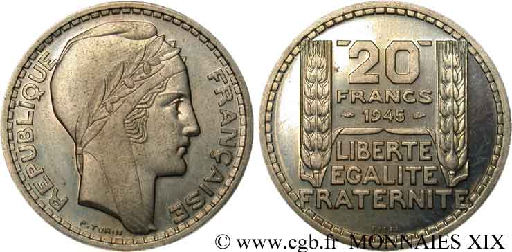 Essai de 20 francs Turin en cupro-nickel 1945 Paris Maz.2745  SPL 