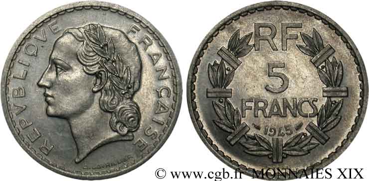 Essai de 5 francs Lavrillier, en aluminium 1945  F.339/1 AU 