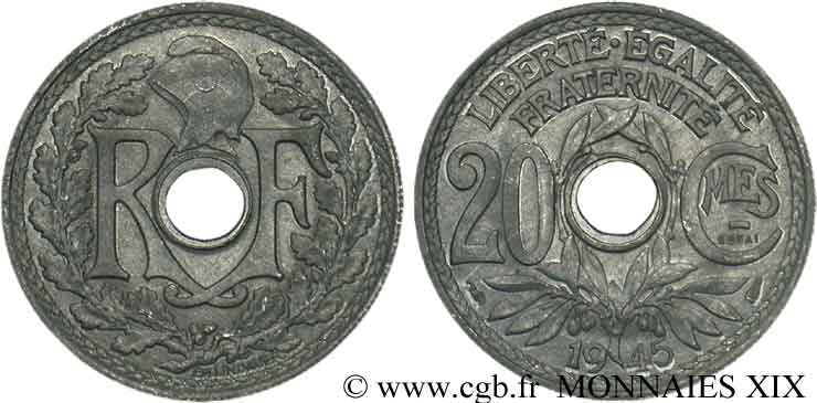 Essai de 20 centimes Lindauer en zinc 1945  F.155/1 VZ 