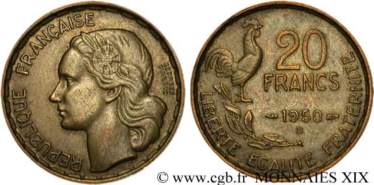 20 francs Georges Guiraud, 4 faucilles 1950 Beaumont-le-Roger F.401/3 BB 
