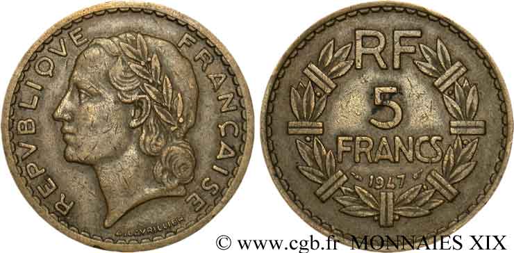 5 Francs Lavrillier en bronze-aluminium 1947 Paris F.337/9 XF 