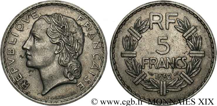 5 francs Lavrillier en aluminium 1952  F.339/22 BB 