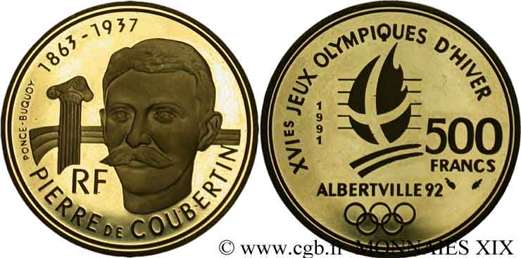 500 francs or Jeux Olympiques d hiver d Albertville, Pierre de Coubertin et le renouveau de l’olympisme n.d. Pessac F.1809 1 MS 
