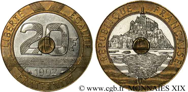 20 francs Mont Saint-Michel, 4 cannelures, V ouvert 1992 Pessac F.403/5 EBC 