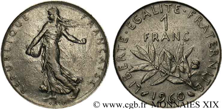 1 franc Semeuse, nickel, frappe médaille 1960 Paris F.226/4 var. VF 