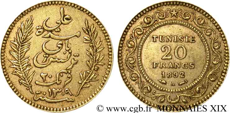 TUNISIA - FRENCH PROTECTORATE - ALI BEY 20 francs or AH 1309 = 1892 Paris XF 