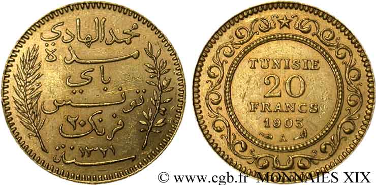 TUNISIA - FRENCH PROTECTORATE - MOHAMED EN-NACEUR BEY 20 francs or AH 1321 = 1903 Paris XF 