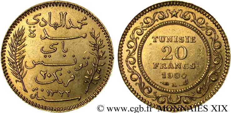 TUNISIA - FRENCH PROTECTORATE - MOHAMED EN-NACEUR BEY 20 francs or AH 1321 = 1904 Paris AU 