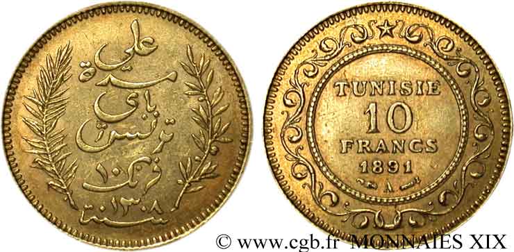 TUNISIA - FRENCH PROTECTORATE - ALI BEY 10 francs or AH 1308 = 1891 Paris XF 