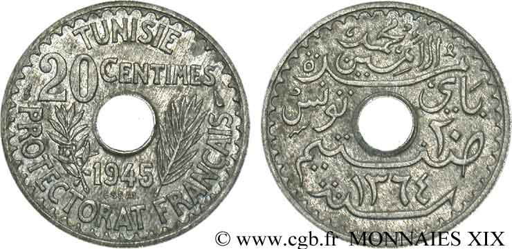 PROVISIONAL GOVERNEMENT OF THE FRENCH REPUBLIC - TUNISIA - FRENCH PROTECTORATE Essai de 20 centimes AH 1364 = 1945 Paris AU 