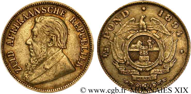 AFRIQUE DU SUD - RÉPUBLIQUE - PRÉSIDENT KRUGER 1/2 pond (pound ou livre) 1894  TTB 