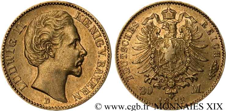 GERMANY - KINGDOM OF BAVARIA - LUDWIG II 20 marks or, 1er type 1873  Münich XF 