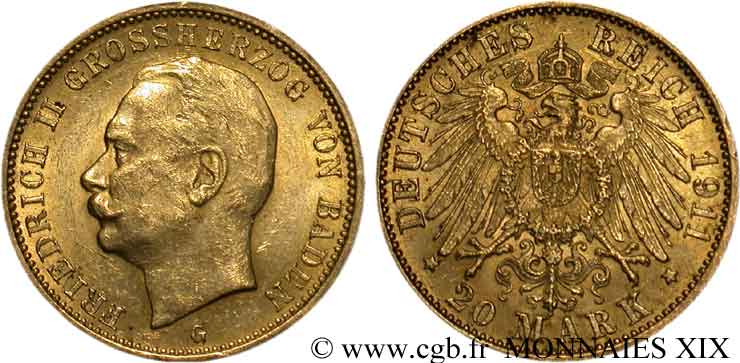 GERMANY - GRAND DUCHY OF BADEN - FREDERICK II 20 marks or 1911 Karlsruhe XF 