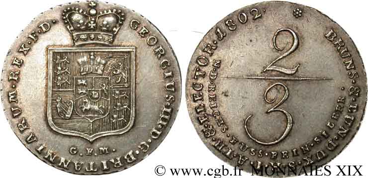GERMANY - DUCHY OF BRUNSWICK AND LUNENBURG - GEORGE III OF GREAT BRITAIN Deux-tiers de thaler 1802 Clausthal AU 