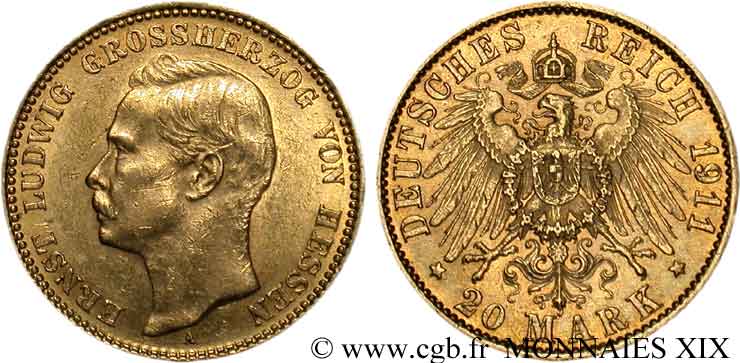 GERMANY - GRAND DUCHY OF HESSE - ERNEST-LOUIS 20 marks or, 3e type 1911 Berlin AU 