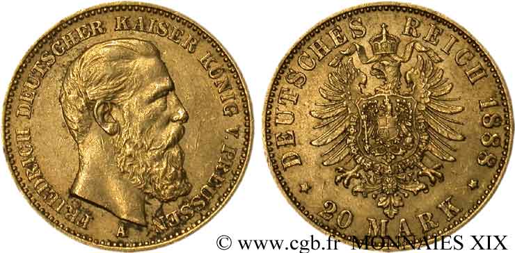 GERMANY - KINGDOM OF PRUSSIA - FREDERICK III 20 marks or 1888 Berlin XF 