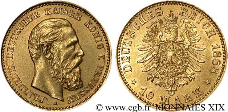 ALLEMAGNE - ROYAUME DE PRUSSE - FRÉDÉRIC III 10 marks or 1888 Berlin AU 