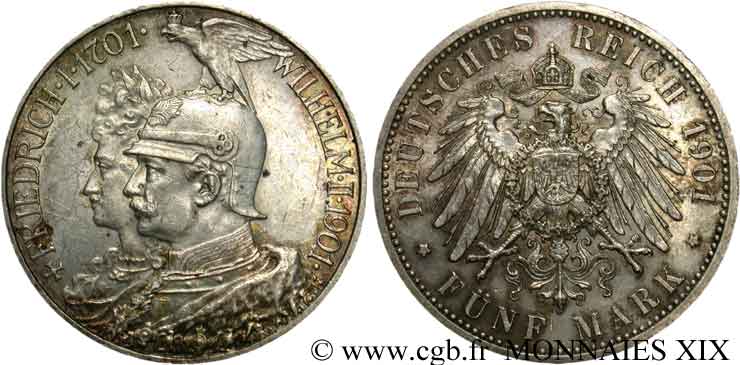 GERMANY - KINGDOM OF PRUSSIA - WILLIAM II 5 mark, bicentenaire du royaume de Prusse 1901 Berlin AU 