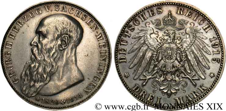 GERMANY - DUCHY OF SAXE-MEININGEN - BERNHARD III 3 mark, décès de Georges II 1915  AU 