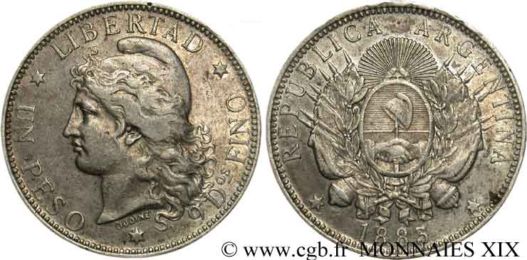 ARGENTINA - ARGENTINE REPUBLIC Un peso (5 francs) 1883  XF 
