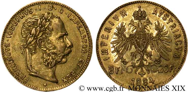 AUTRICHE - FRANÇOIS-JOSEPH Ier 8 florins ou 20 francs or 1884 Vienne VZ 