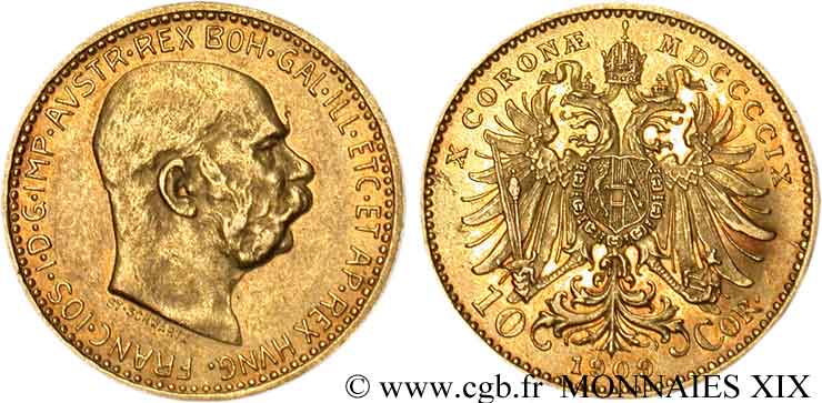 AUTRICHE - FRANÇOIS-JOSEPH Ier 10 corona en or, 4e type 1909 Vienne EBC 