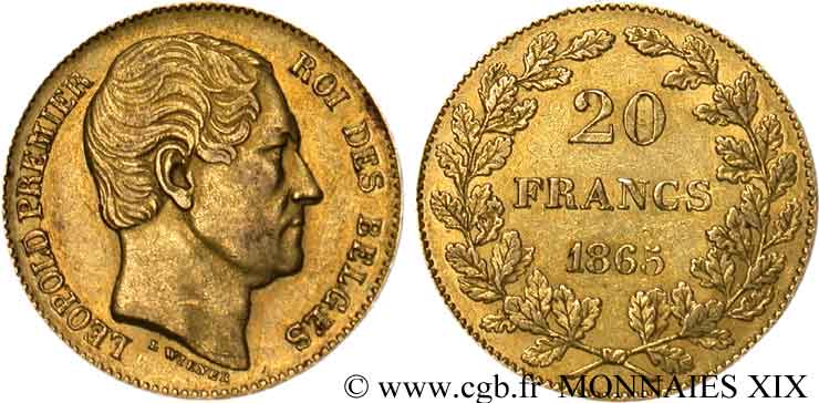 BELGIQUE - ROYAUME DE BELGIQUE - LÉOPOLD Ier 20 francs or, tête nue 1865 Bruxelles XF 
