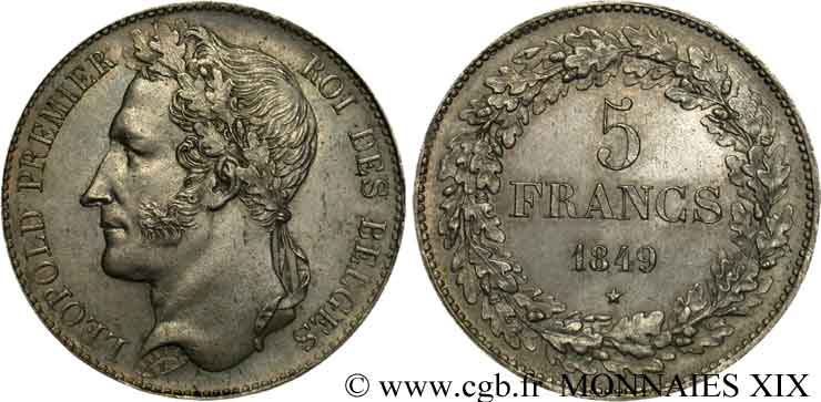 BELGIUM - KINGDOM OF BELGIUM - LEOPOLD I 5 francs tête laurée, tranche en relief 1849 Bruxelles AU 