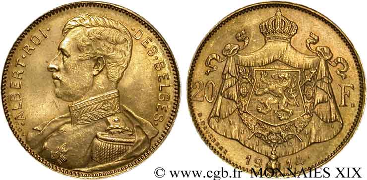 BELGIQUE - ROYAUME DE BELGIQUE - ALBERT Ier 20 francs or, légende française 1914 Bruxelles AU 