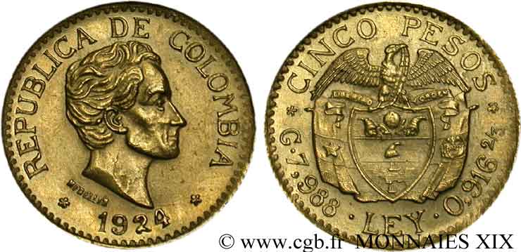 COLOMBIA - REPUBLIC OF COLOMBIA 5 pesos or, petite tête 1924 Medellin AU 