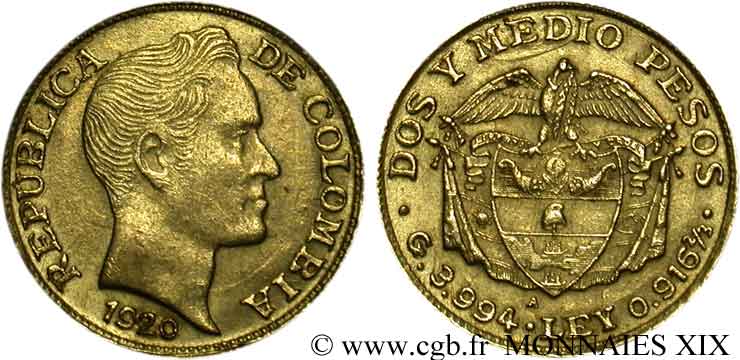 COLOMBIE - RÉPUBLIQUE DE COLOMBIE 2 1/2 pesos or, grosse tête 1920 Antioquia SS 