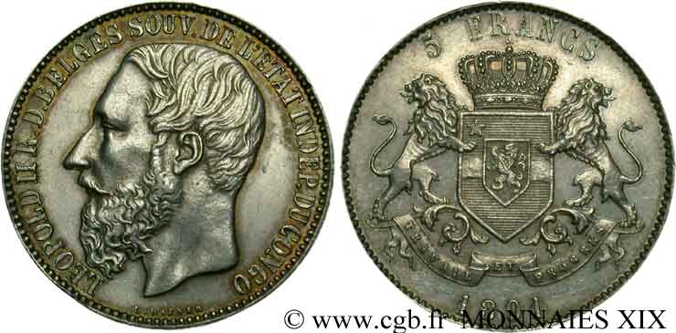 CONGO - ÉTAT INDÉPENDANT DU CONGO - LÉOPOLD II 5 francs, 2e type 1891 Bruxelles AU 