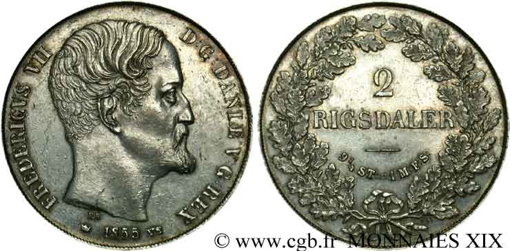 ROYAUME DU DANEMARK - FRÉDÉRIC VII 2 rigsdaler 1855 Copenhague EBC 
