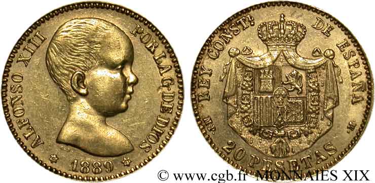 SPAIN - KINGDOM OF SPAIN - ALFONSO XIII 20 pesetas 1889 Madrid XF 