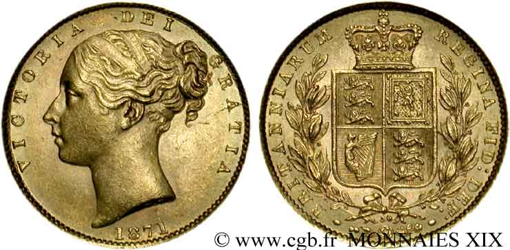 GRAN BRETAGNA - VICTORIA Souverain, (sovereign), type 2, grosse tête, coin numéroté 30 1871 Londres SPL 
