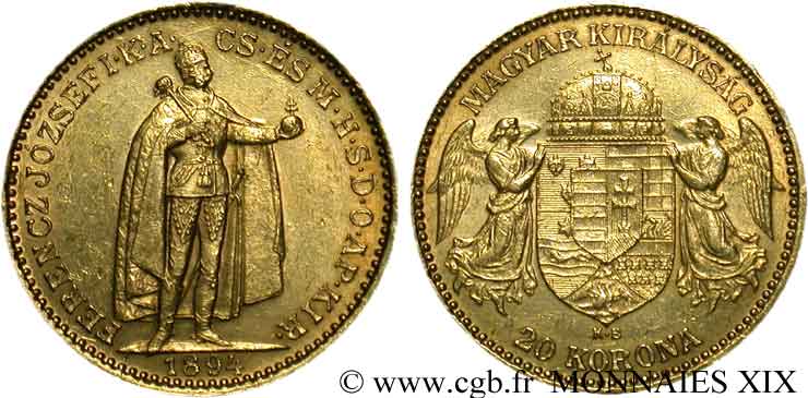 UNGHARIA - REGNO DE UNGHARIA - FRANCESCO GIUSEPPE I 20 korona en or 1894 Kremnitz SPL 