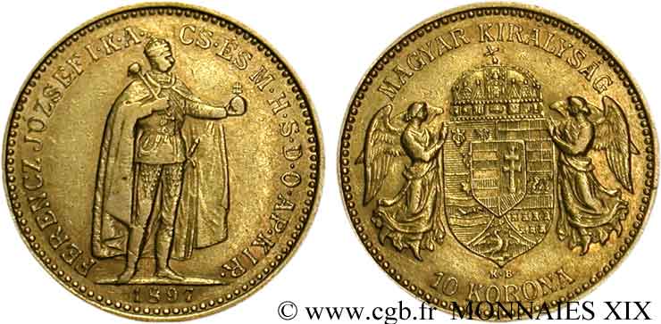 UNGHARIA - REGNO DE UNGHARIA - FRANCESCO GIUSEPPE I 10 korona en or 1897 Kremnitz XF 