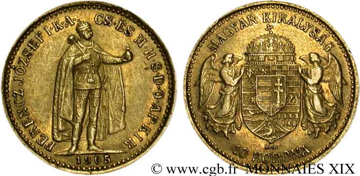 UNGHARIA - REGNO DE UNGHARIA - FRANCESCO GIUSEPPE I 10 korona en or 1905 Kremnitz XF 