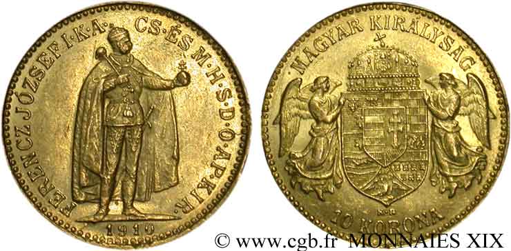 HUNGRÍA - REINO DE HUNGRÍA - FRANCISCO JOSÉ I 10 korona en or 1910 Kremnitz EBC 