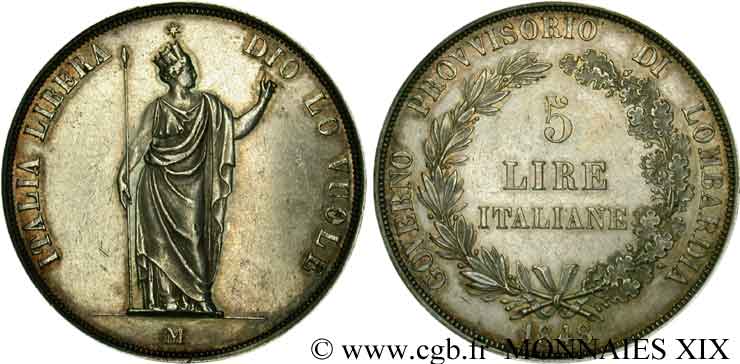 LOMBARDY - PROVISIONAL GOVERNMENT 5 lires 1848 Milan XF 