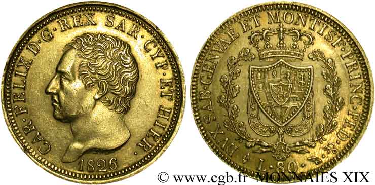 ITALY - KINGDOM OF SARDINIA - CHARLES-FELIX 80 lires en or 1826 Turin XF 
