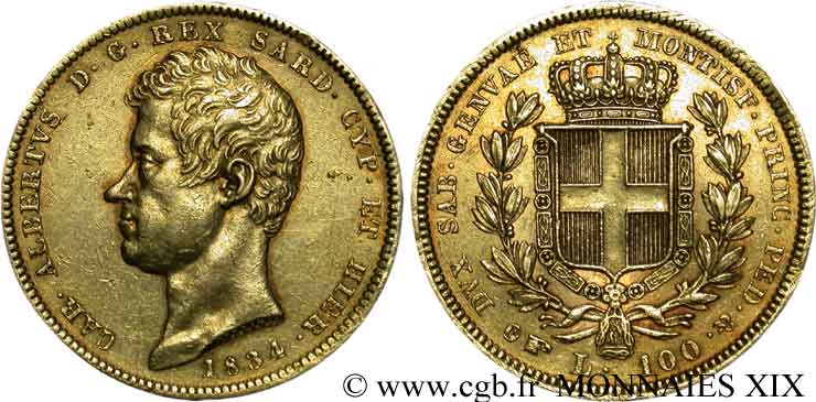 ITALIA - REINO DE CERDEÑA  - CARLO ALBERTO 100 lires or 1834 Turin MBC 