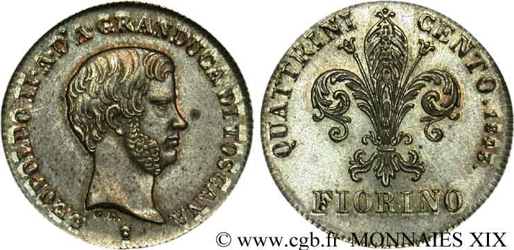 ITALIA - GRAN DUCADO DE TOSCANA - LEOPOLDO II Fiorino, 3e type 1843 Florence EBC 